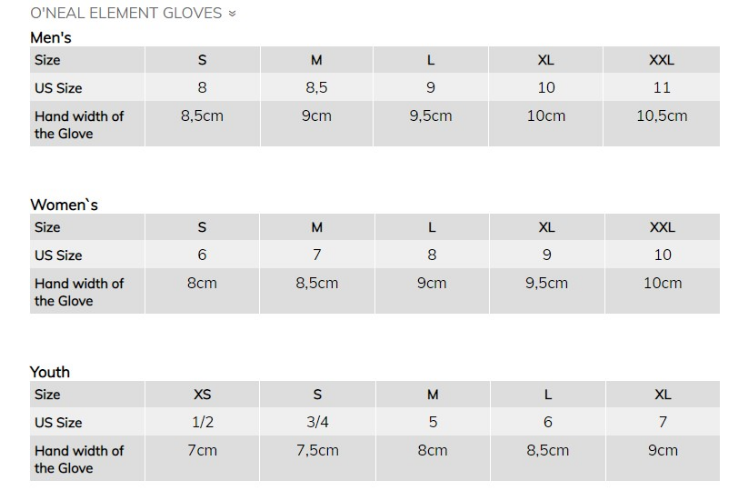 oneal element glove size chart-982